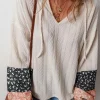 Outlet Dear-Lover Floral Patchwork Textured Knit Drawstring V Neck Blouse Beige