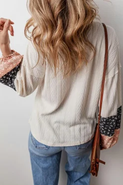 Outlet Dear-Lover Floral Patchwork Textured Knit Drawstring V Neck Blouse Beige