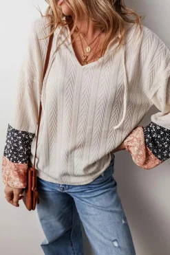 Outlet Dear-Lover Floral Patchwork Textured Knit Drawstring V Neck Blouse Beige