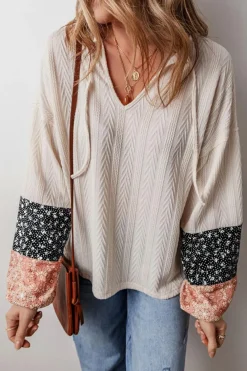 Outlet Dear-Lover Floral Patchwork Textured Knit Drawstring V Neck Blouse Beige