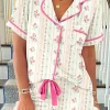 Discount Dear-Lover Floral Print Contrast Pipping Short Pajamas Set Beige
