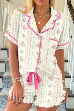 Discount Dear-Lover Floral Print Contrast Pipping Short Pajamas Set Beige