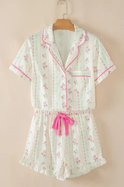 Discount Dear-Lover Floral Print Contrast Pipping Short Pajamas Set Beige