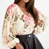Best Dear-Lover Floral Print Lantern Sleeve V-Neck Blouse Beige