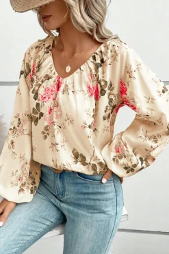 Best Dear-Lover Floral Print Lantern Sleeve V-Neck Blouse Beige