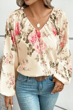 Best Dear-Lover Floral Print Lantern Sleeve V-Neck Blouse Beige
