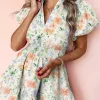 Sale Dear-Lover Floral Print Shirred High Waist Puff Sleeve Mini Dress Beige