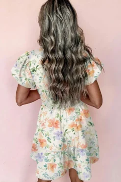 Sale Dear-Lover Floral Print Shirred High Waist Puff Sleeve Mini Dress Beige