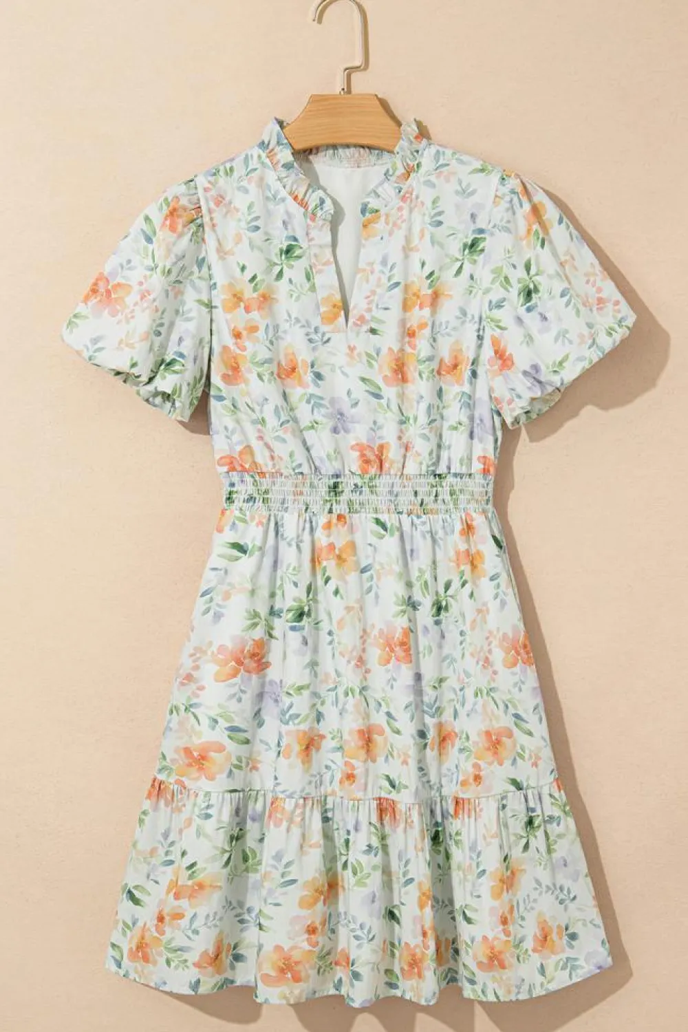 Sale Dear-Lover Floral Print Shirred High Waist Puff Sleeve Mini Dress Beige