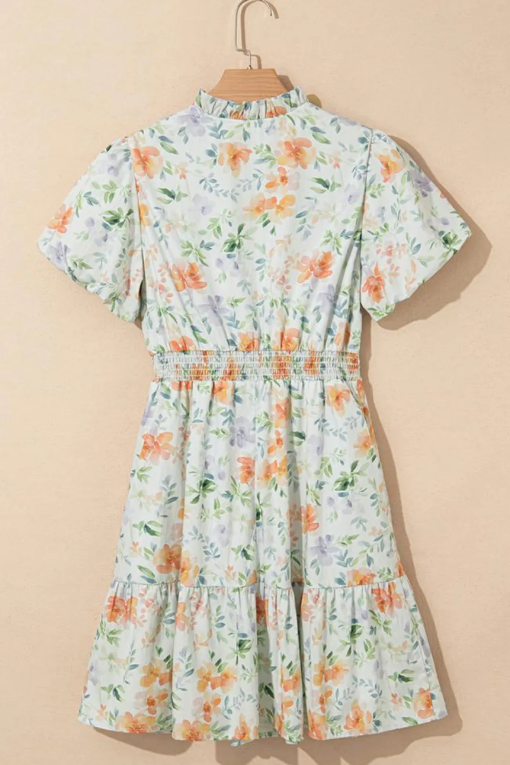 Sale Dear-Lover Floral Print Shirred High Waist Puff Sleeve Mini Dress Beige