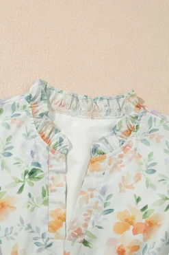 Sale Dear-Lover Floral Print Shirred High Waist Puff Sleeve Mini Dress Beige