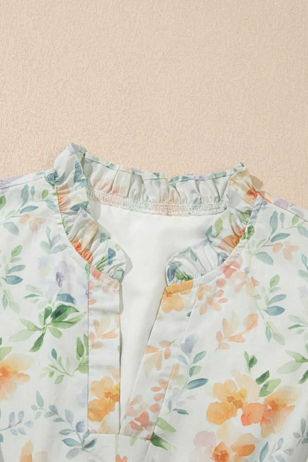 Sale Dear-Lover Floral Print Shirred High Waist Puff Sleeve Mini Dress Beige