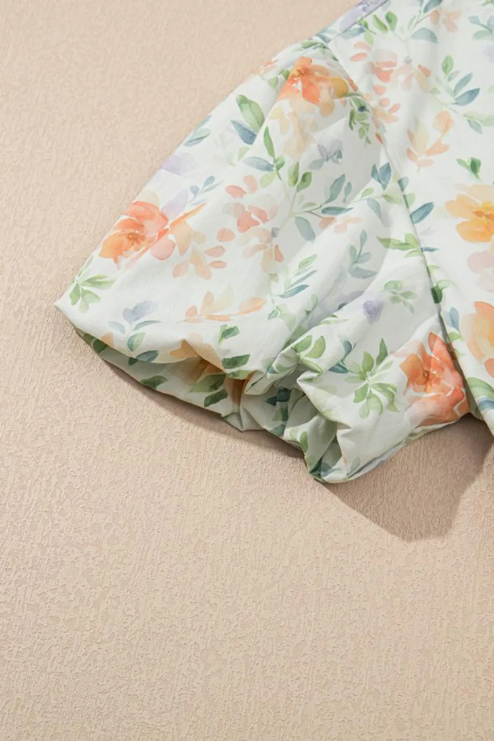 Sale Dear-Lover Floral Print Shirred High Waist Puff Sleeve Mini Dress Beige