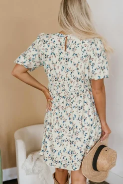 Best Dear-Lover Floral Puff Short Sleeve Empire Waist Mini Dress Beige