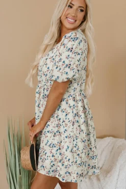 Best Dear-Lover Floral Puff Short Sleeve Empire Waist Mini Dress Beige
