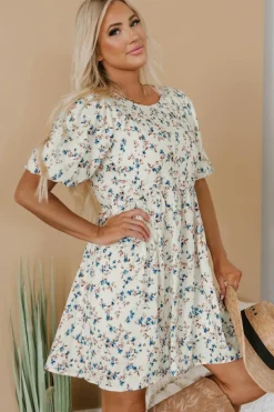 Best Dear-Lover Floral Puff Short Sleeve Empire Waist Mini Dress Beige