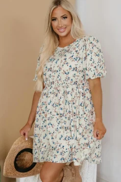 Best Dear-Lover Floral Puff Short Sleeve Empire Waist Mini Dress Beige