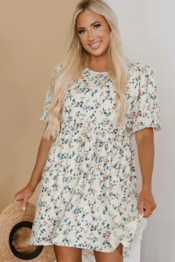 Best Dear-Lover Floral Puff Short Sleeve Empire Waist Mini Dress Beige