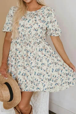 Best Dear-Lover Floral Puff Short Sleeve Empire Waist Mini Dress Beige