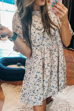Best Dear-Lover Floral Puff Short Sleeve Empire Waist Mini Dress Beige