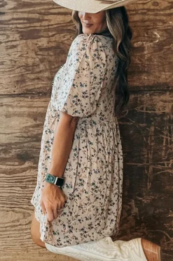 Best Dear-Lover Floral Puff Short Sleeve Empire Waist Mini Dress Beige