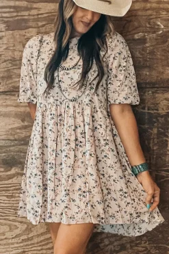 Best Dear-Lover Floral Puff Short Sleeve Empire Waist Mini Dress Beige