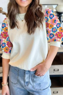 Best Dear-Lover Floral Puff Sleeve Patchwork Round Neck Top Beige