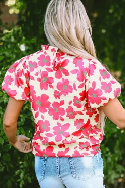 Best Dear-Lover Floral Puff Sleeve Frilled Neckline Blouse Beige