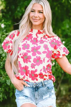 Best Dear-Lover Floral Puff Sleeve Frilled Neckline Blouse Beige