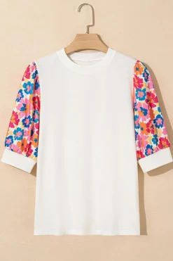 Best Dear-Lover Floral Puff Sleeve Patchwork Round Neck Top Beige