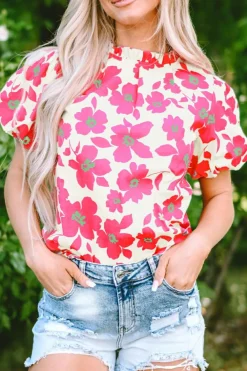 Best Dear-Lover Floral Puff Sleeve Frilled Neckline Blouse Beige