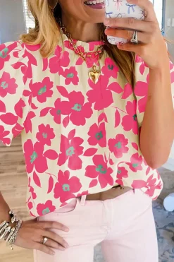Best Dear-Lover Floral Puff Sleeve Frilled Neckline Blouse Beige