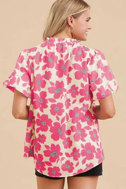 Best Dear-Lover Floral Puff Sleeve Frilled Neckline Blouse Beige