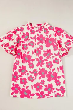 Best Dear-Lover Floral Puff Sleeve Frilled Neckline Blouse Beige