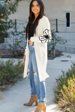 Discount Dear-Lover Flower Embroidered Drop Shoulder Open Front Duster Cardigan Beige