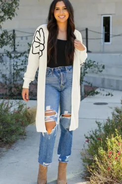 Discount Dear-Lover Flower Embroidered Drop Shoulder Open Front Duster Cardigan Beige