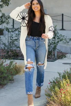 Discount Dear-Lover Flower Embroidered Drop Shoulder Open Front Duster Cardigan Beige
