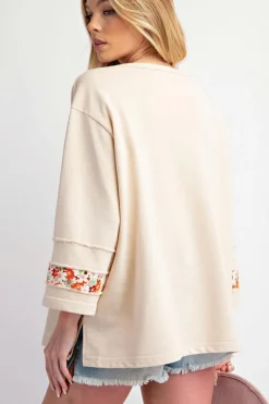 Online Dear-Lover Flower Patch Graphic Exposed Seam Wide Sleeve Top Beige