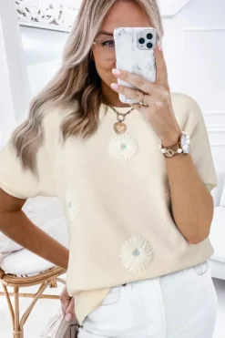 Hot Dear-Lover Flower Pattern Short Sleeve Knitted Top Beige