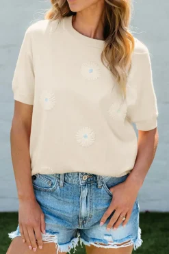 Hot Dear-Lover Flower Pattern Short Sleeve Knitted Top Beige