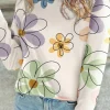 Clearance Dear-Lover Flower Print Crew Neck Long Sleeve T Shirt Beige