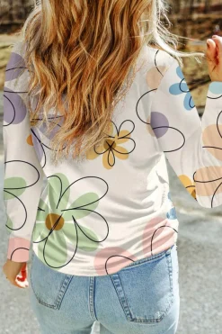 Clearance Dear-Lover Flower Print Crew Neck Long Sleeve T Shirt Beige