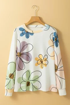 Clearance Dear-Lover Flower Print Crew Neck Long Sleeve T Shirt Beige