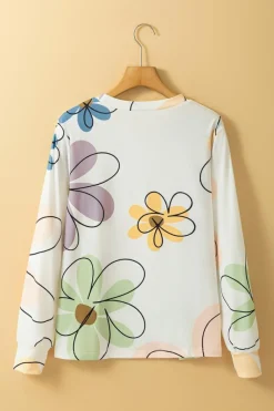 Clearance Dear-Lover Flower Print Crew Neck Long Sleeve T Shirt Beige