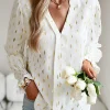 Discount Dear-Lover Foil Crescent Print Notched Neck Flounce Sleeve Blouse Beige