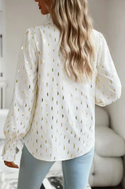 Discount Dear-Lover Foil Crescent Print Notched Neck Flounce Sleeve Blouse Beige