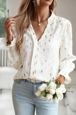 Discount Dear-Lover Foil Crescent Print Notched Neck Flounce Sleeve Blouse Beige