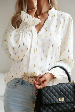 Discount Dear-Lover Foil Crescent Print Notched Neck Flounce Sleeve Blouse Beige