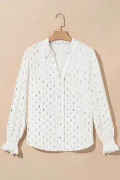 Discount Dear-Lover Foil Crescent Print Notched Neck Flounce Sleeve Blouse Beige