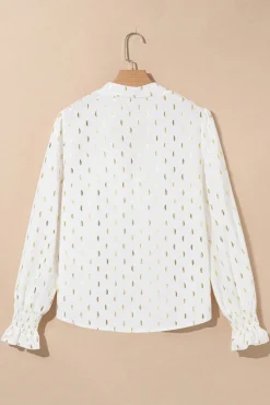 Discount Dear-Lover Foil Crescent Print Notched Neck Flounce Sleeve Blouse Beige
